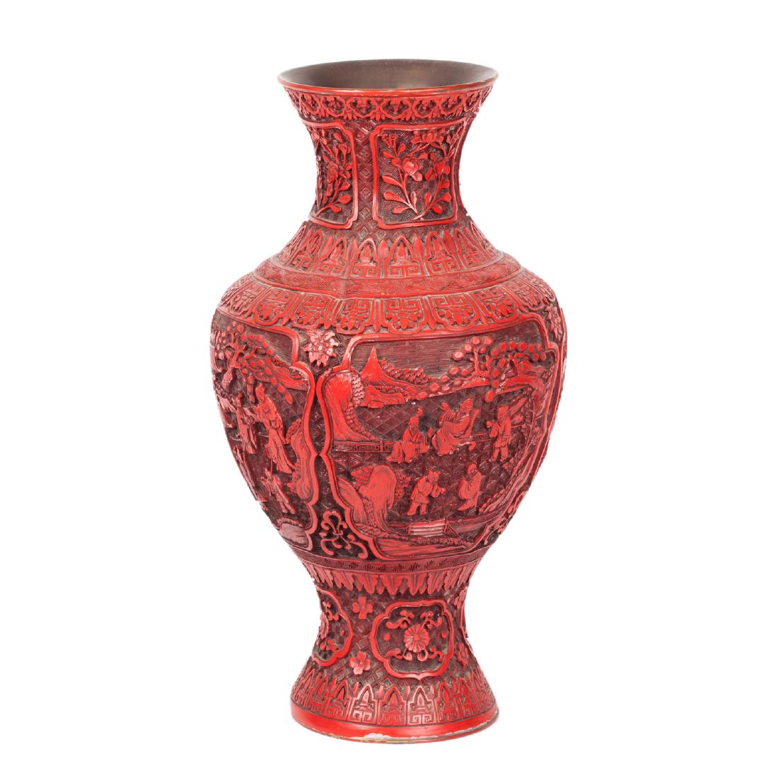 Chinese red lacquer vase with figures and landscape — image 2