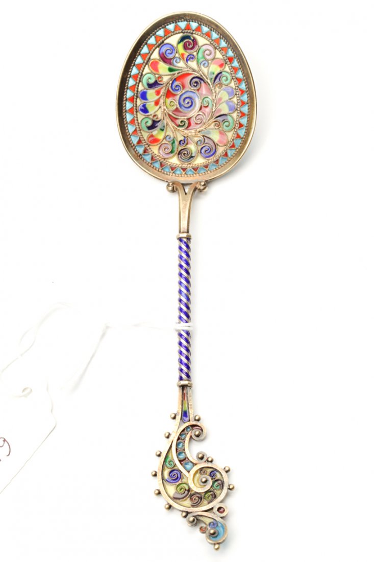 Russian silver plique-a-jour spoon. — image 1