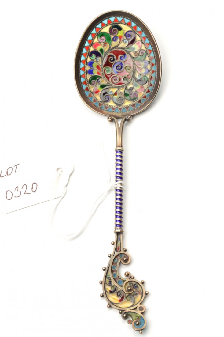 Russian silver plique-a-jour spoon. — image 1