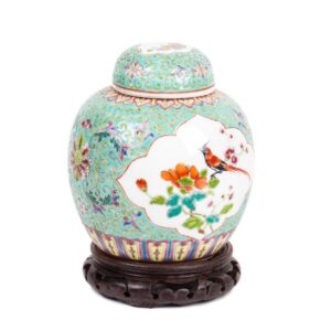 Antique Chinese porcelain vase on a wooden stand — image 1
