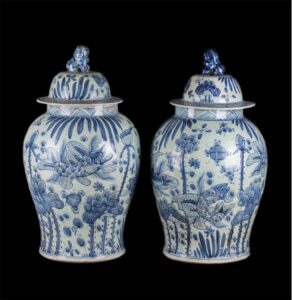 A pair of antique Foo Dog Chinese temple jars — image 1