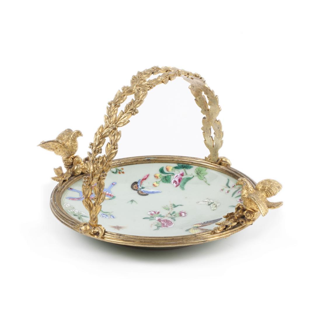 Antique Chinese painted porcelain and brass dish with — image 1