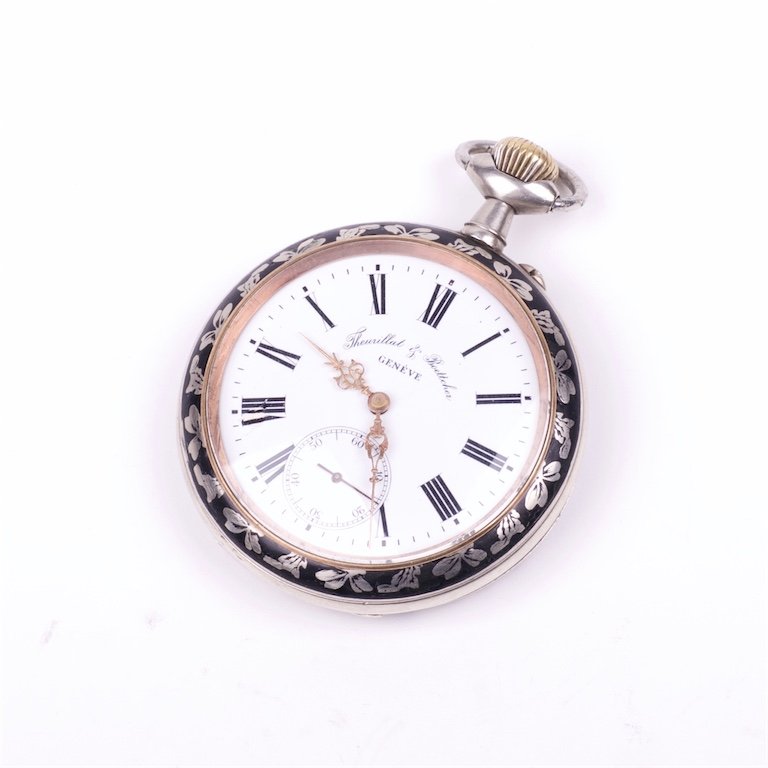 Metal pocket watc with hunting scene. — image 1