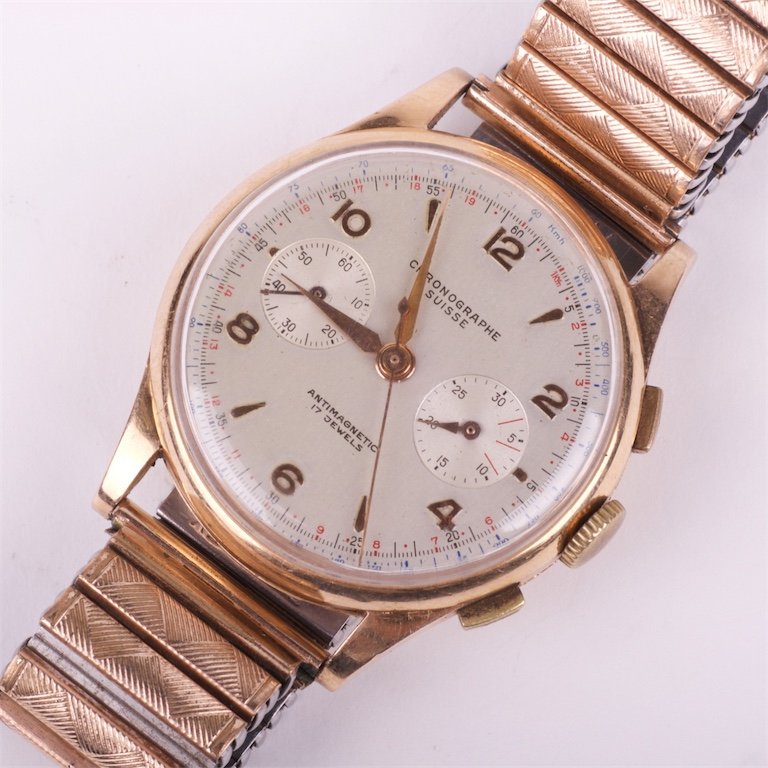 "Suisse" gold 18K mens wristwatch with chronograph. — image 1