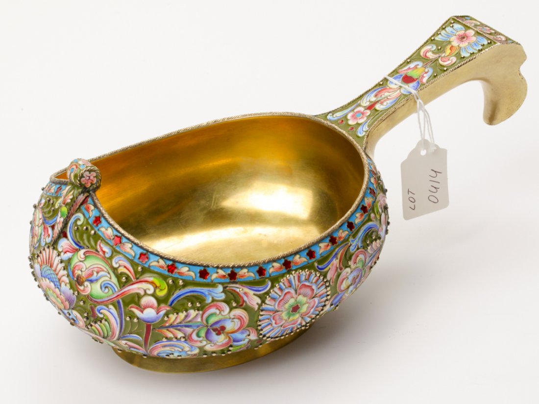 Russian silver and enamel kovsh. — image 1
