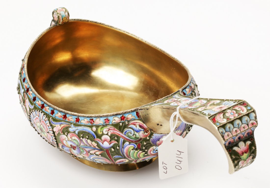 Russian silver and enamel kovsh. — image 3