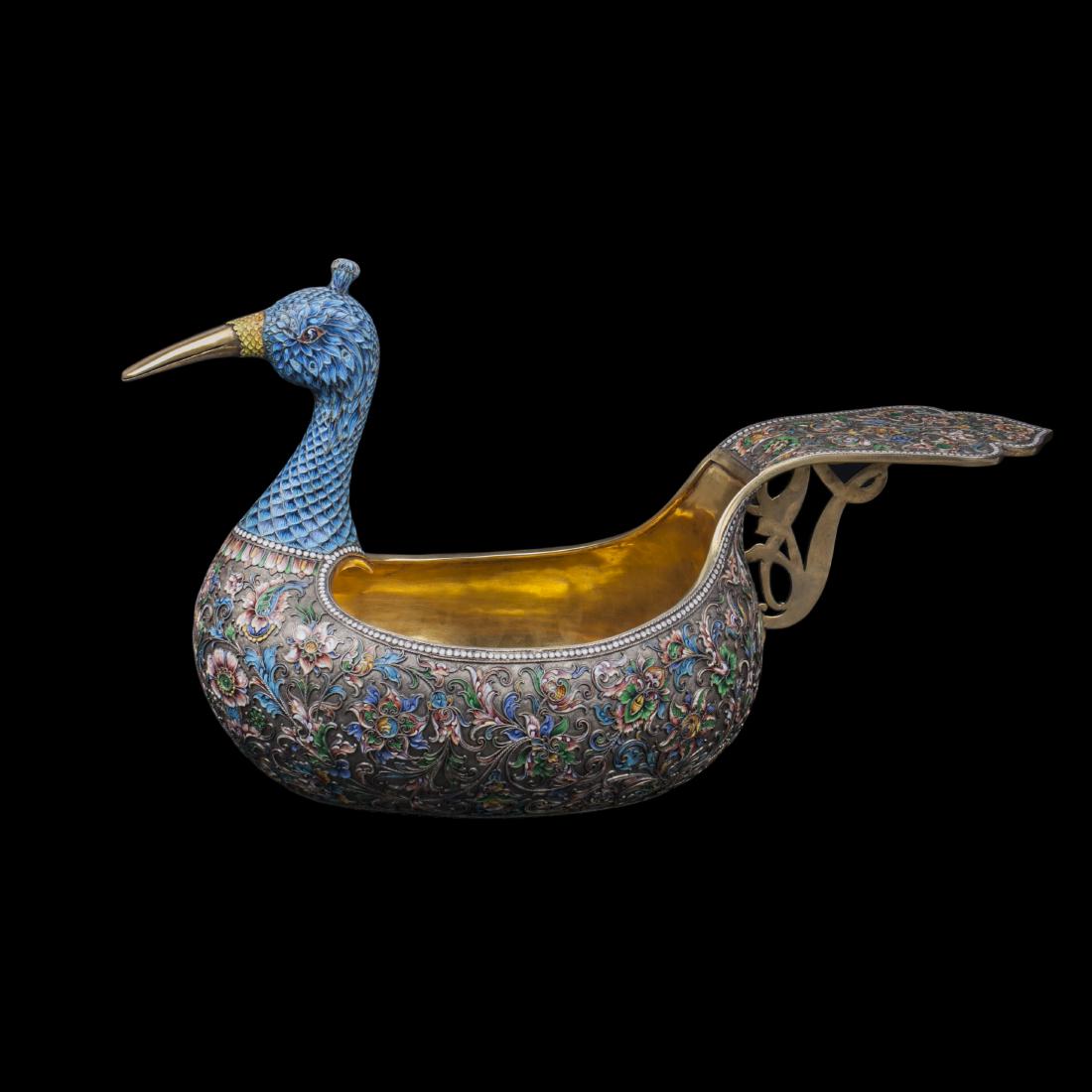 Exceptional Russian peacock kovsh, Moscow Artel — image 1