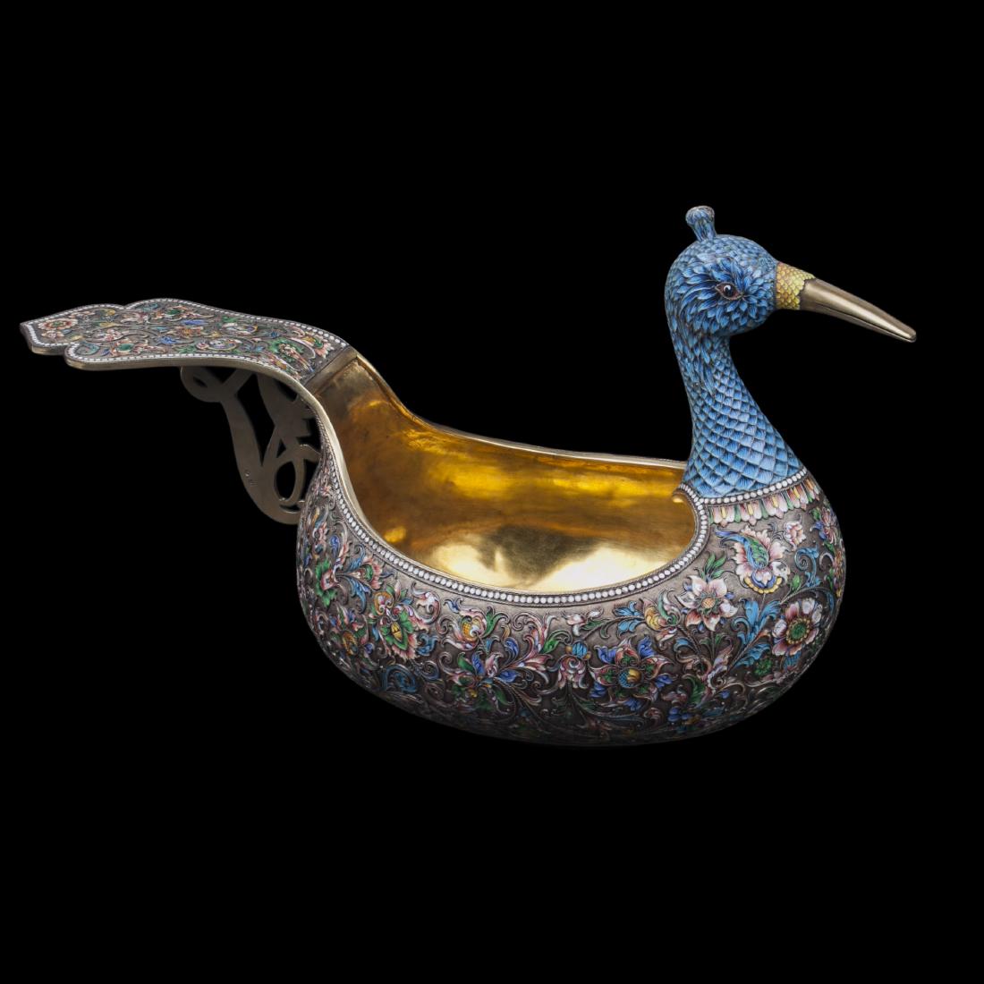 Exceptional Russian peacock kovsh, Moscow Artel — image 2