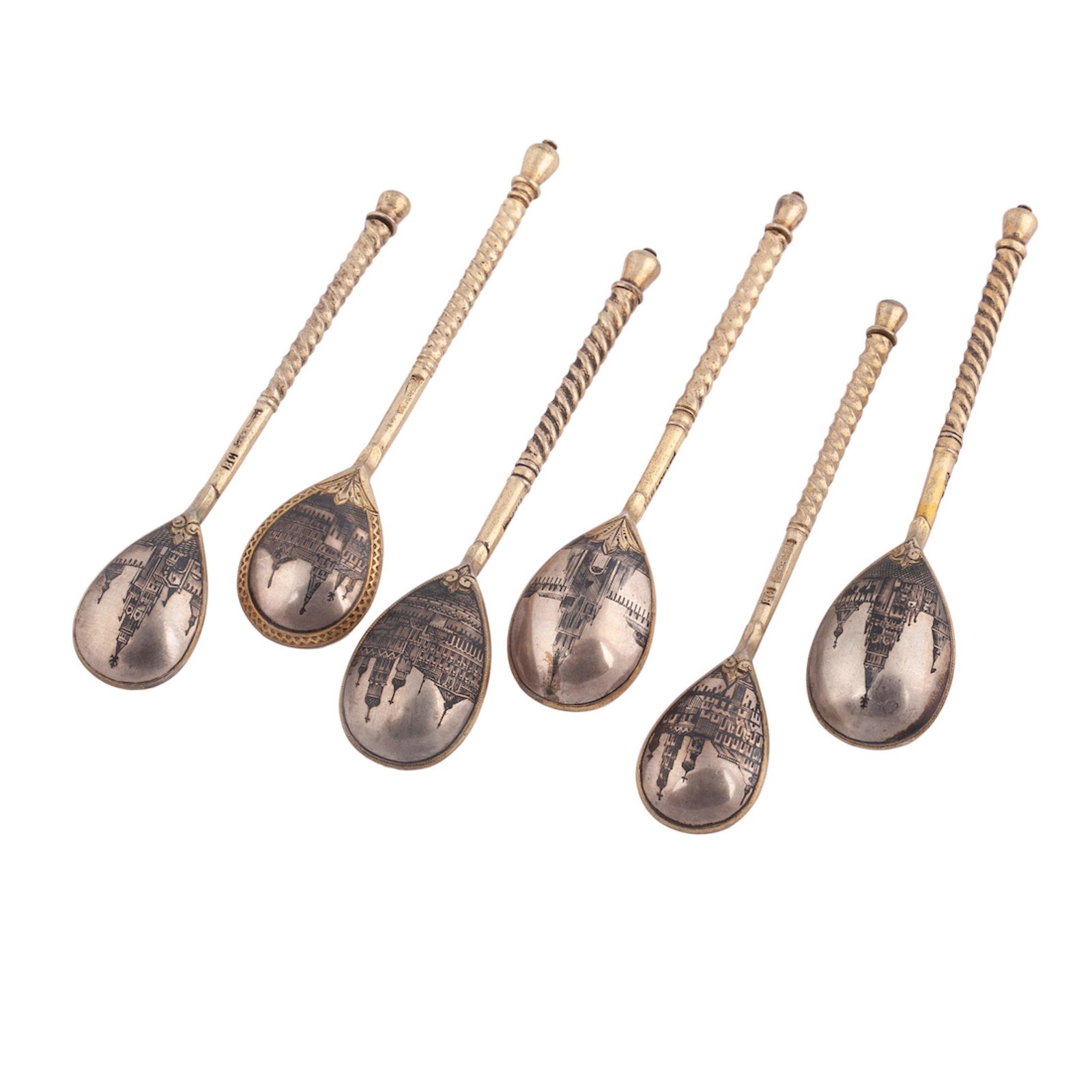 A set of 6 Russian silver and niello tea spoons — image 2