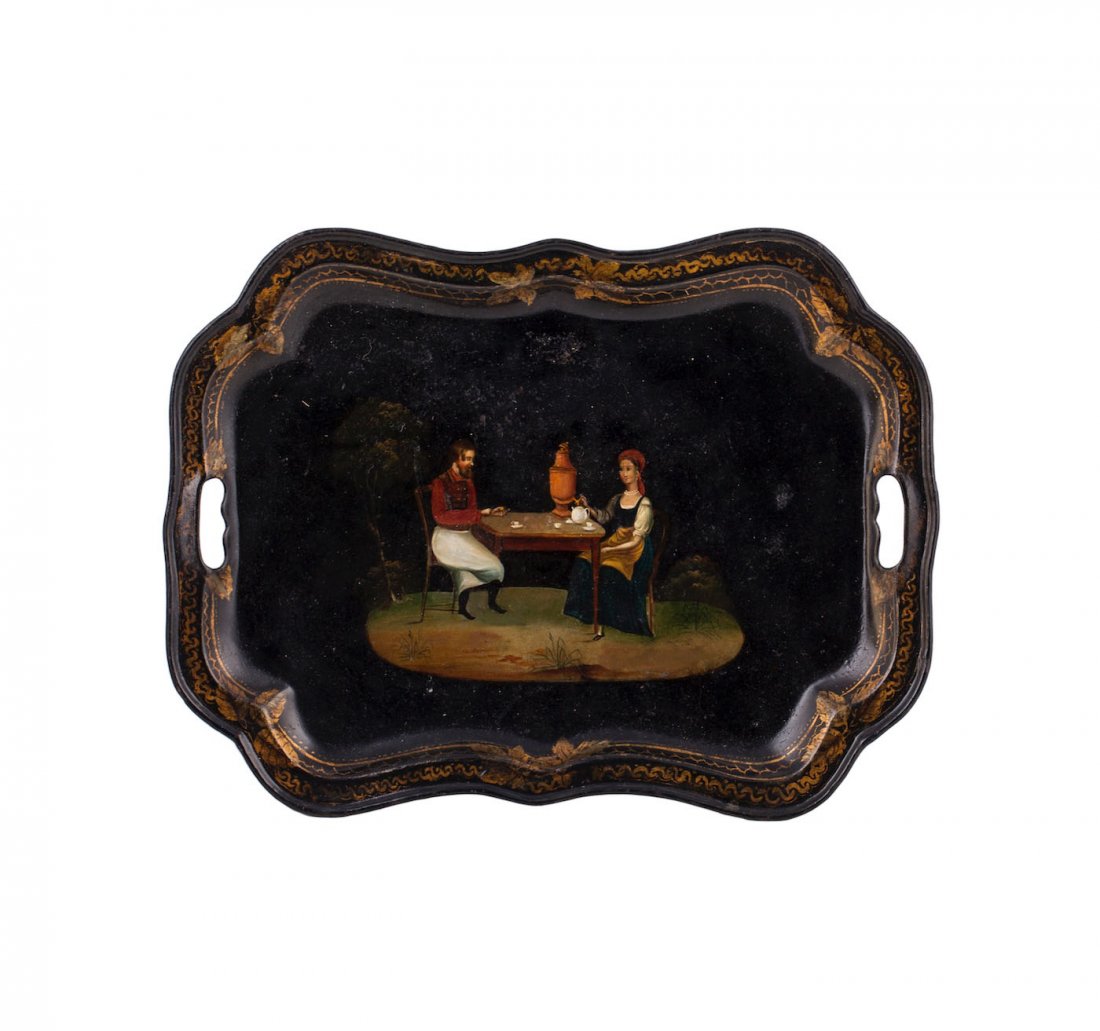 Russian tray with a painted tea drinking scene — image 1