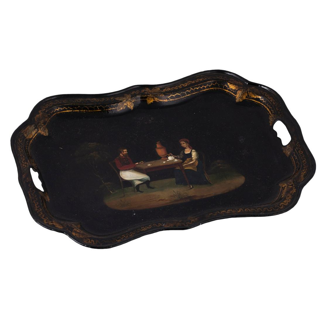 Russian tray with a painted tea drinking scene — image 3