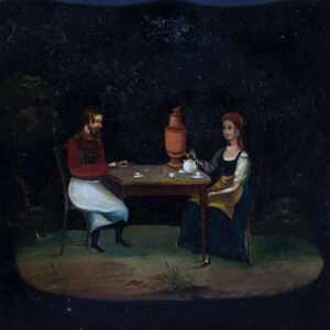 Russian tray with a painted tea drinking scene — image 4
