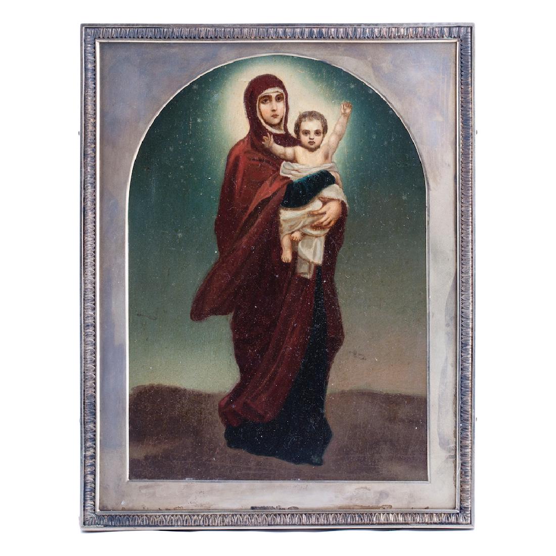Russian oil painted icon in silver riza — image 1