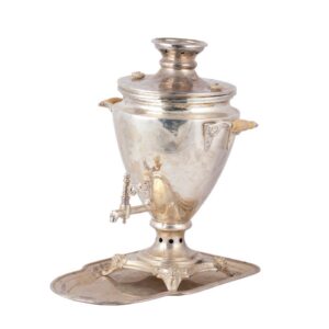 Russian Imperial brass samovar with tray — image 1